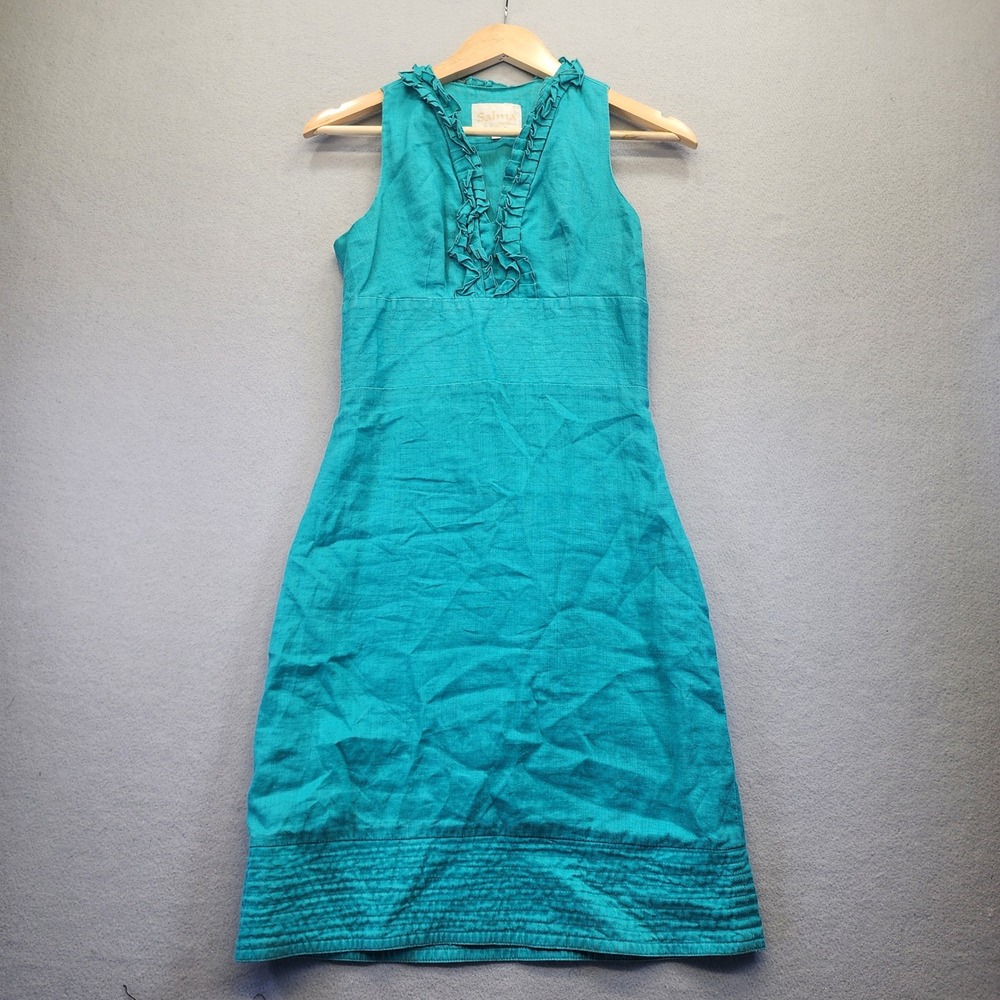 Salma by Lodo Teal Blue Linen Ruffle V-Neck Sleeveless Empire Waist Dress XS